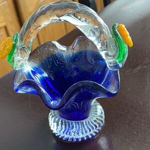 Elegant Blue Glass Basket with Floral Accents